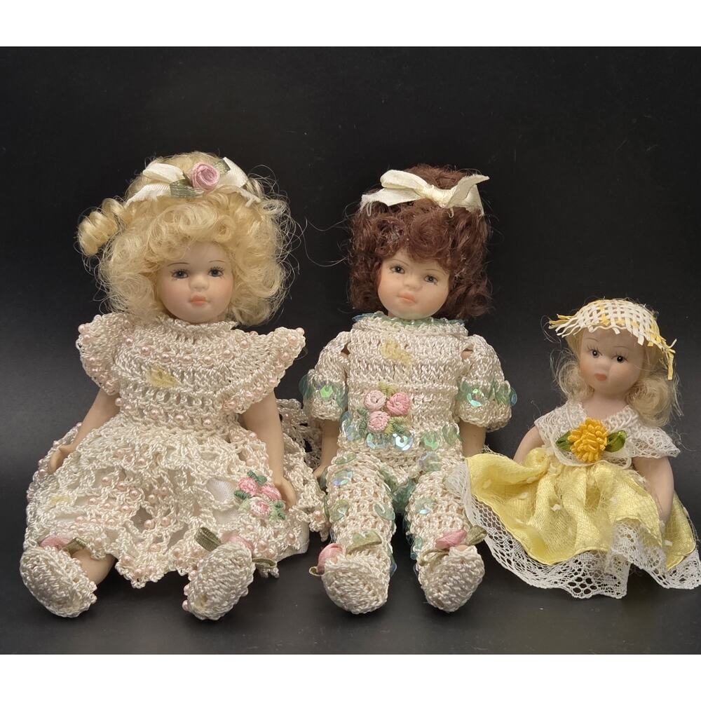 Porcelain Dollhouse Dolls Set Of 3 Artisan Handcrafted Miniature Posable Socket